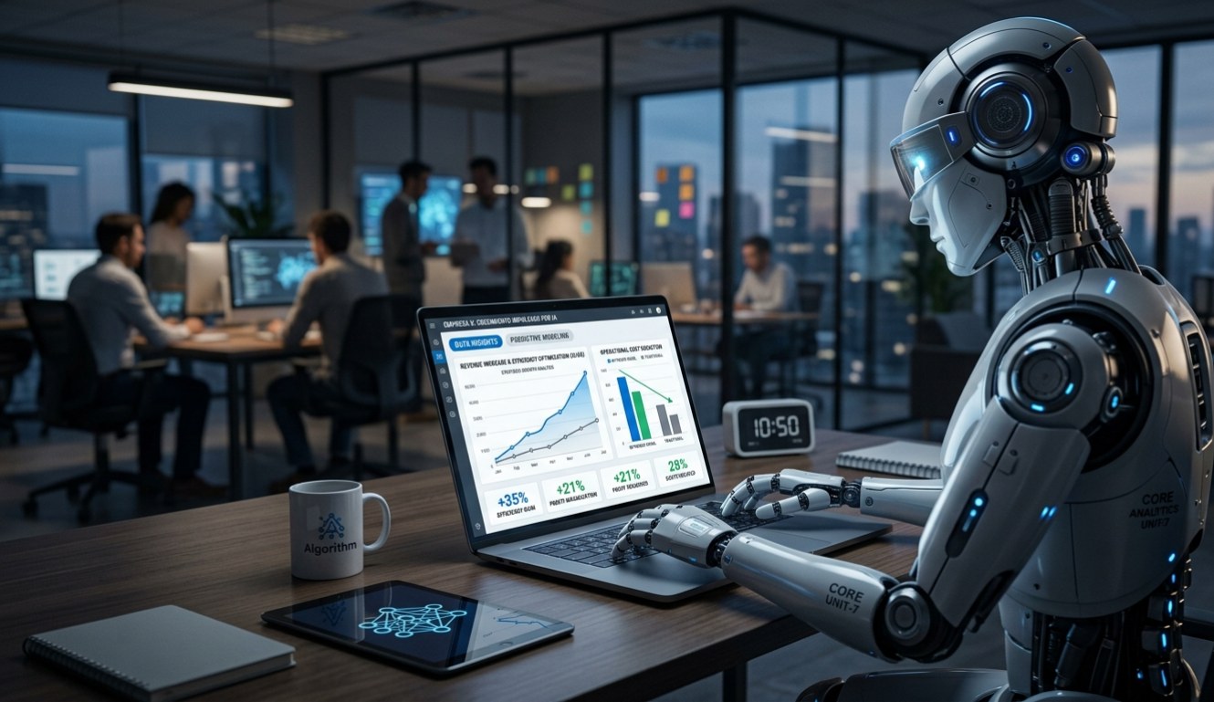 Robot de inteligencia artificial analizando indicadores de crecimiento mientras un equipo trabaja detrás